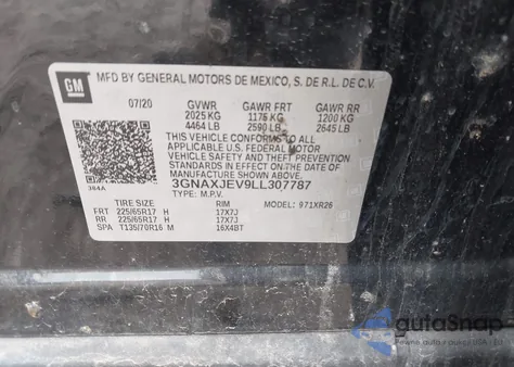 2020 Chevrolet Equinox Fwd 2Fl из США, поврежденный, VIN 3GNAXJEV9LL307787